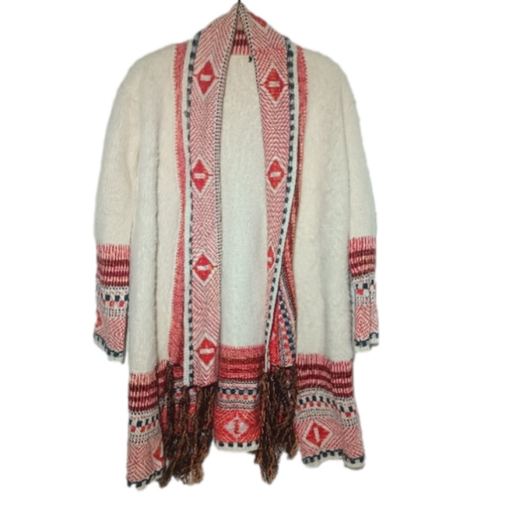 Maxsport‎ NEW Ivory Fuzzy Open Front Cowgirl Couture Long Line Cardigan